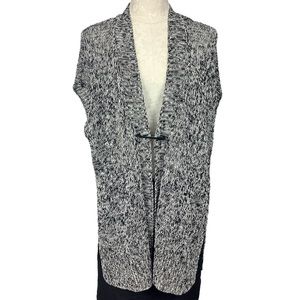 Eileen Fisher Black White Organic Linen Knit Long Cardigan Vest